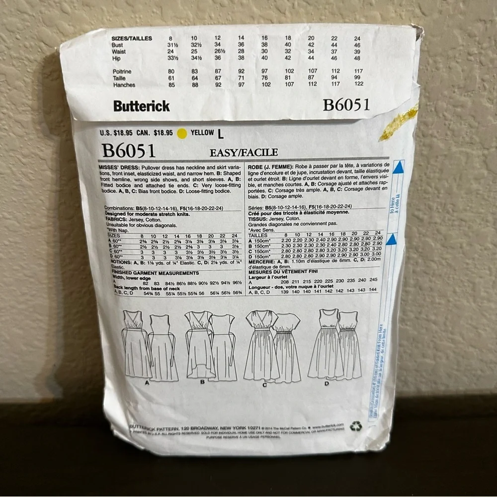 Butterick Sewing Pattern Maxi Short Sleeve High Low Dress Four Styles Size Talle